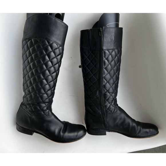 Corso Como 1" Flat tall black leather Quilted boots zipper comfort Size 9 M - Picture 1 of 13